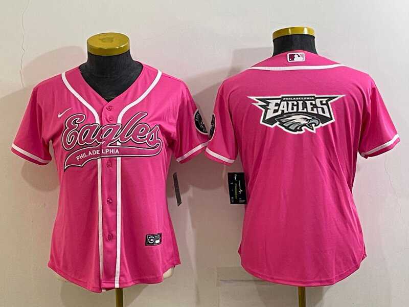 Womens Philadelphia Eagles Pink Team Big Logo With Patch Cool Base Stitched Baseball Jersey->women nfl jersey->Women Jersey